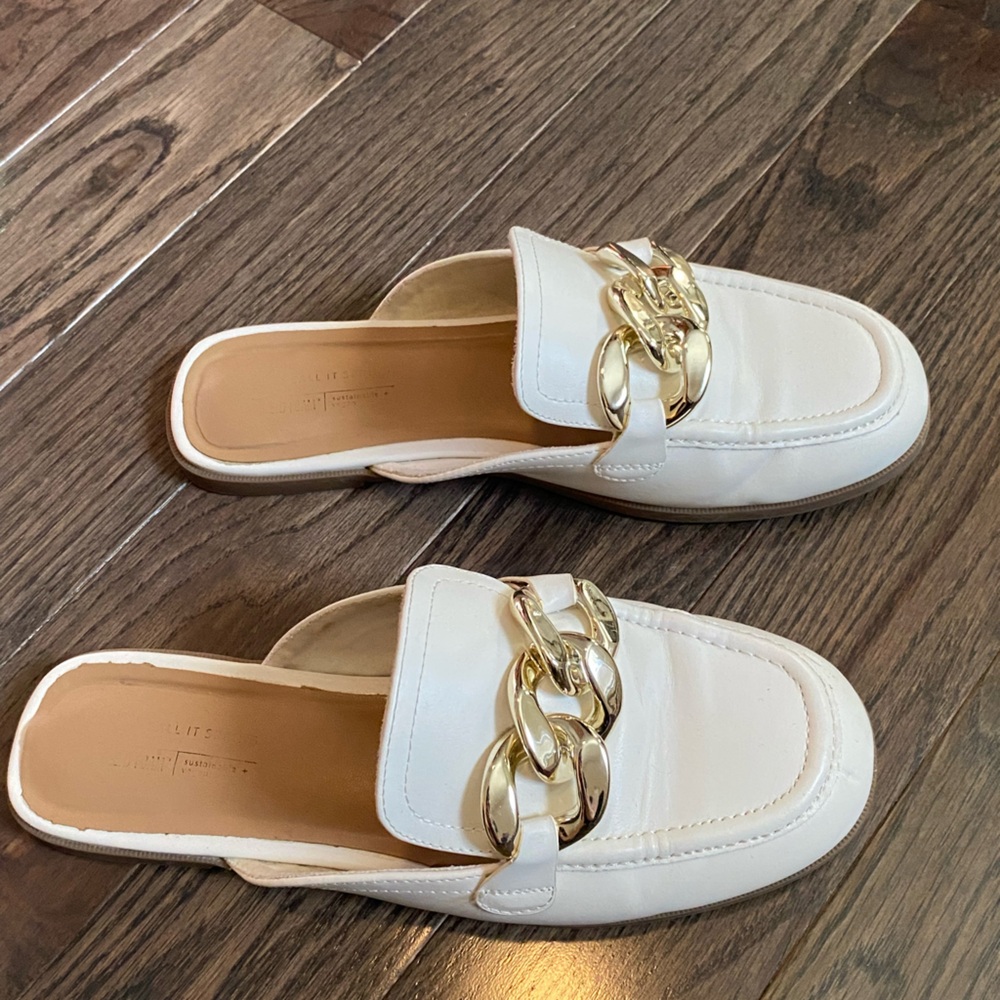 Call It Spring White Mules with Gold Chain Detail